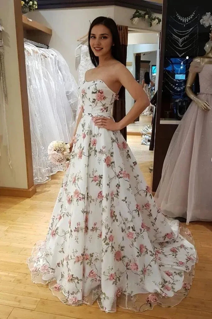 Prom Dresses Stores A Line Floral Long Prom Dresses Strapless Beautiful Flower Printed Prom Dress Formal Women's Dresses
